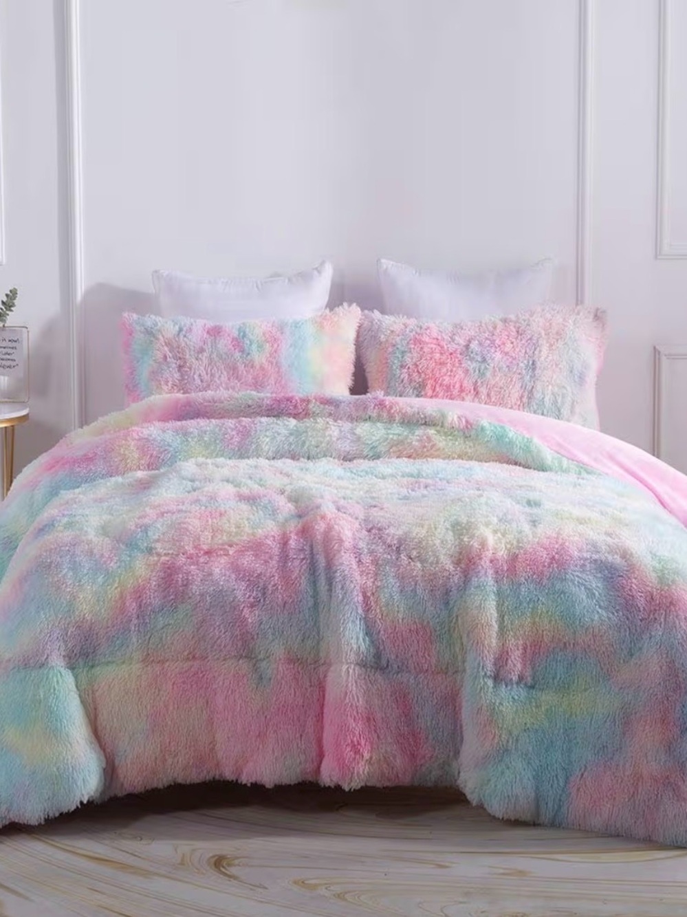 Plush Pastel Rainbow Faux Fur Comforter Set - Soft Pink Multicolor Full Size